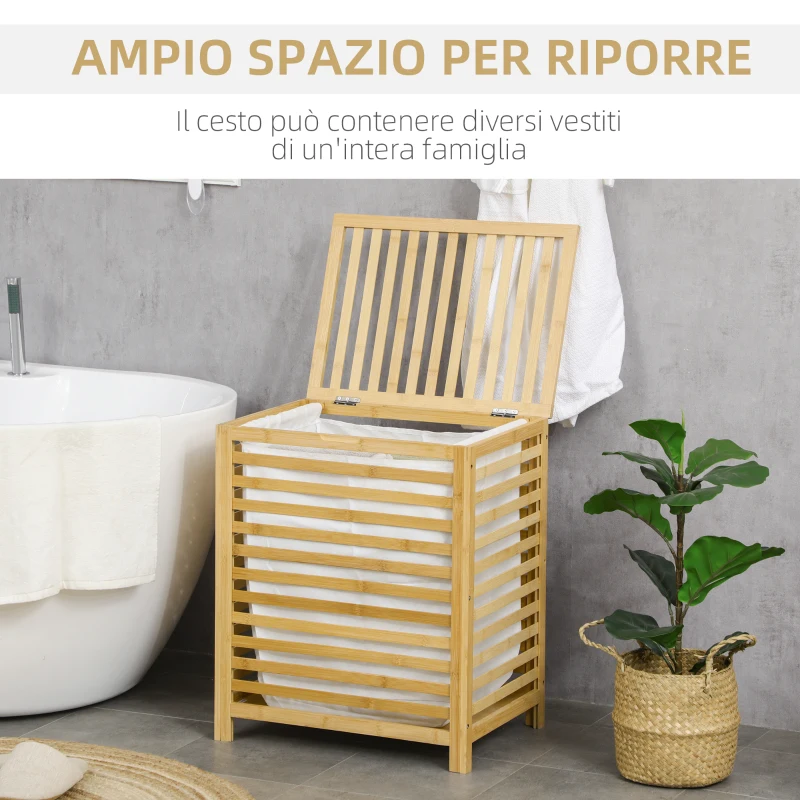HOMCOM Cesto Portabiancheria a Doghe in Bambù e Poliestere con Coperchio e Sacca Rimovibile, 50x36x60 cm