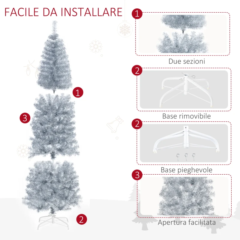 HOMCOM Albero di Natale Artificiale Innevato Alto 210cm con 818 Rami, Albero di Natale Slim con Base Rimovibile, in PET e Acciaio, Argento