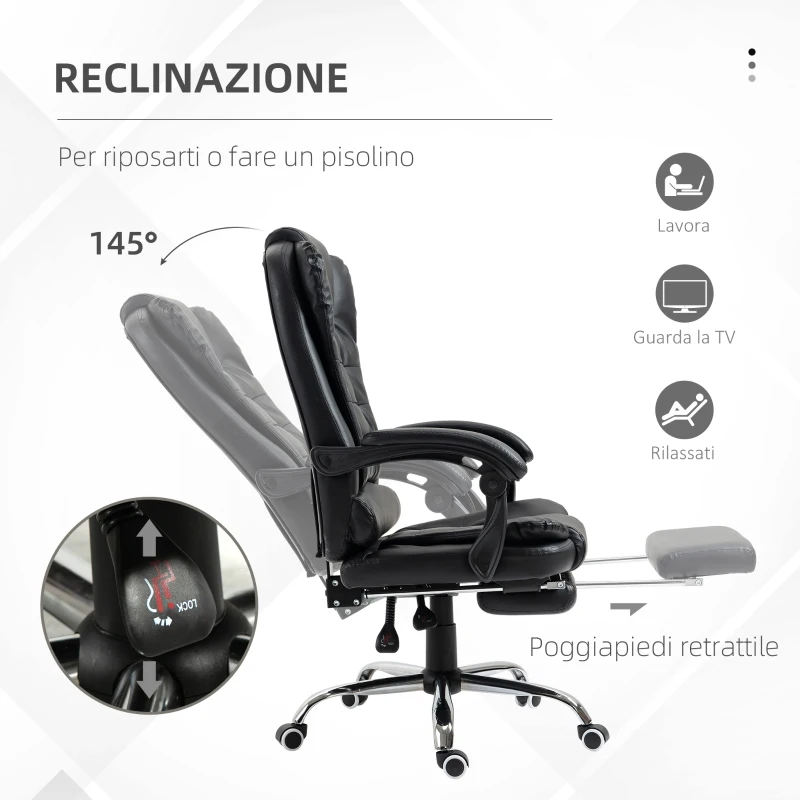 HOMCOM Sedia da Ufficio ad Altezza Regolabile con Schienale Reclinabile e Poggiapiedi, 64.5x69x109-117 cm, Nero