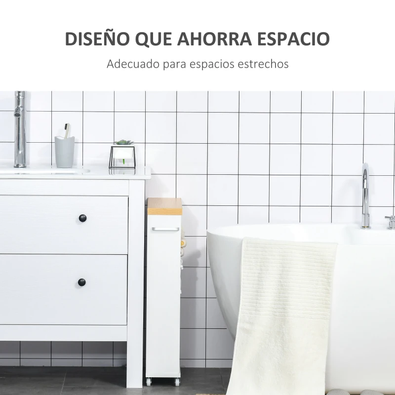 kleankin Armario Auxiliar de Baño Carrito de Almacenaje de 3 Estantes con Ruedas y Manija Lateral para Espacios Estrechos Cocina Dormitorio 50x13x67,5 cm Blanco