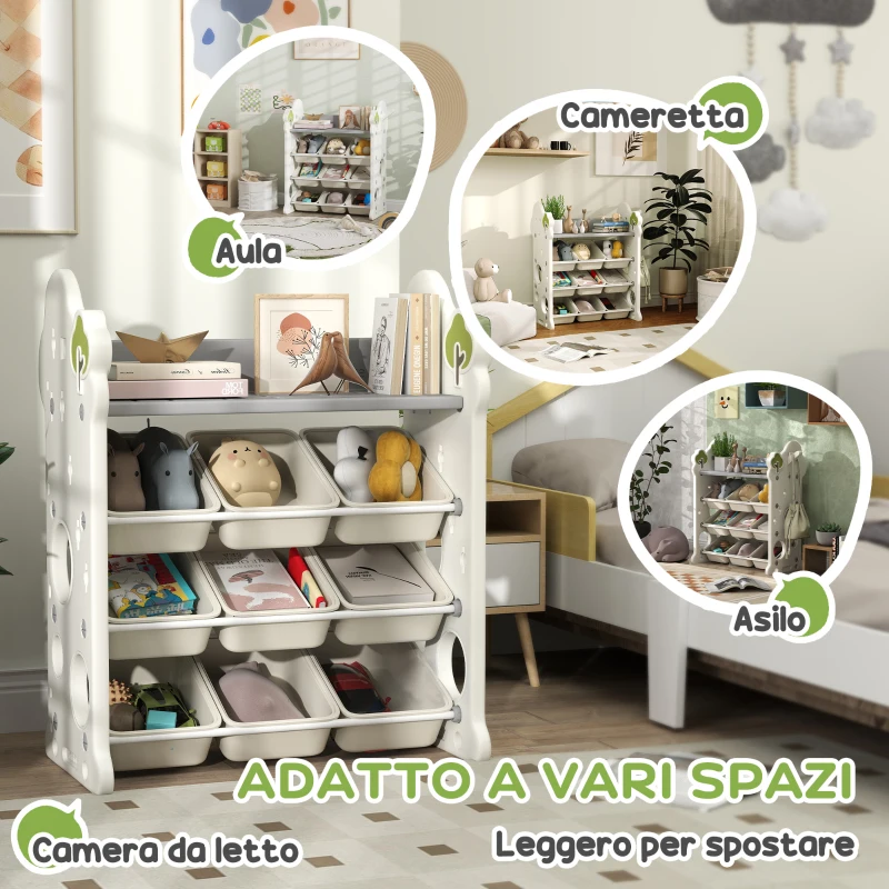 AIYAPLAY Scaffale Portagiochi a 4 Livelli con 9 Contenitori e Gancio Laterale, in HDPE, 77x42x94 cm, Bianco Crema