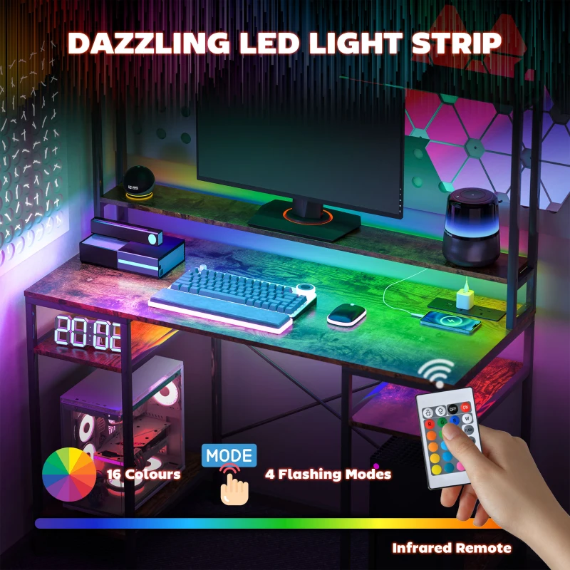 HOMCOM Computer Desk with Power Outlets and LED Lights, Home Office Desk with Monitor Stand, 2 CPU Stands and Storage Shelves, Study Table Gaming Desk with Hutch, Rustic Brown