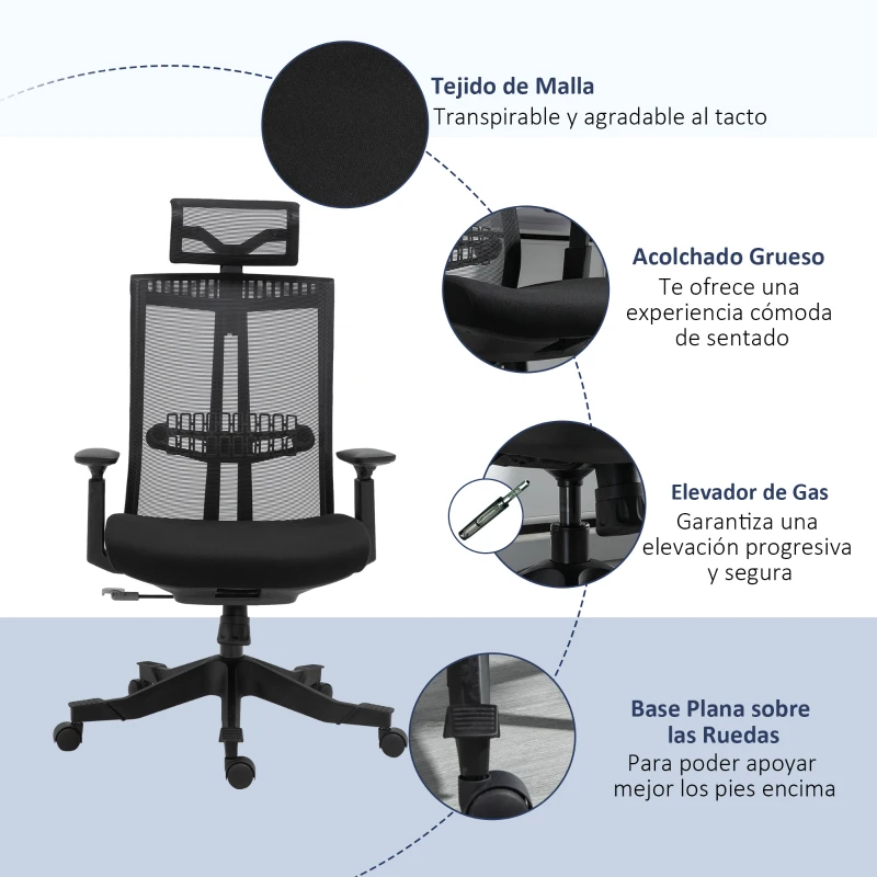 Vinsetto Silla de Malla Giratoria y Reclinable con Altura Ajustable Reposabrazos Reposacabezas y Soporte Lumbar Regulable Negro