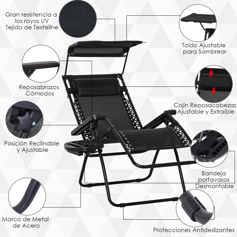 Outsunny Tumbona Plegable Silla de Gravedad Cero Reclinable con Toldo de Sombra con Bandeja Portavasos Portátil Texteline para Jardín Balcón Carga 150kg 90x67x110 cm Negro