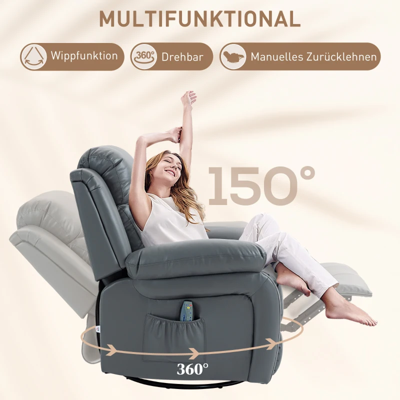 HOMCOM Massagesessel, Wipp- & Liegefunktion, drehbar, bis 150 kg, Kunstleder, Grau(m-5)