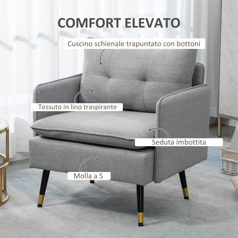 HOMCOM Poltrona Moderna in Tessuto con Seduta Imbottita e Gambe in Acciaio, 76x68x80 cm, Grigio