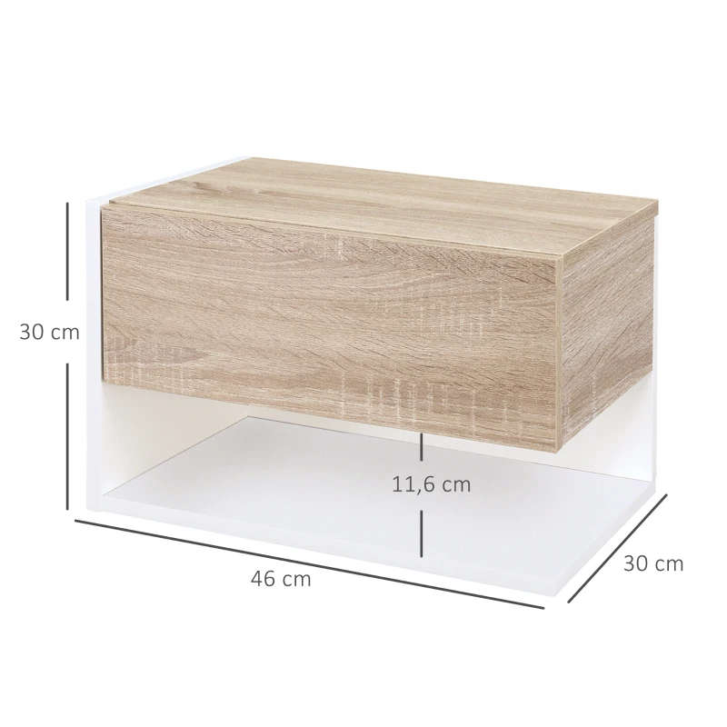 HOMCOM Juego de 2 Mesitas de Noche Flotantes Mesitas de Noche Colgantes con 1 Cajón y Estante Abierto 46x30x30cm Roble y Blanco