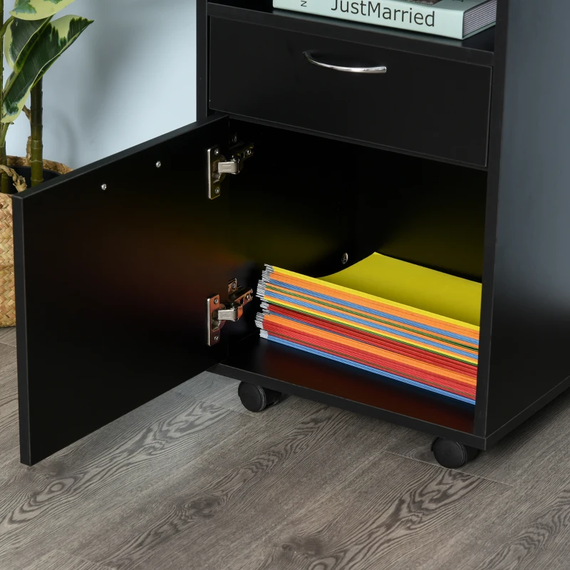 HOMCOM Caisson de bureau rangement bureau sur roulettes tiroir placard niche panneaux particules noir