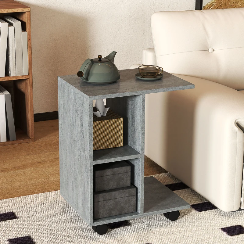 HOMCOM C-Shape End Table Unique Storage Unit w/ 2 Shelves 4 Wheels Freestanding Home Office Furniture Cabinet Square Studio Grey