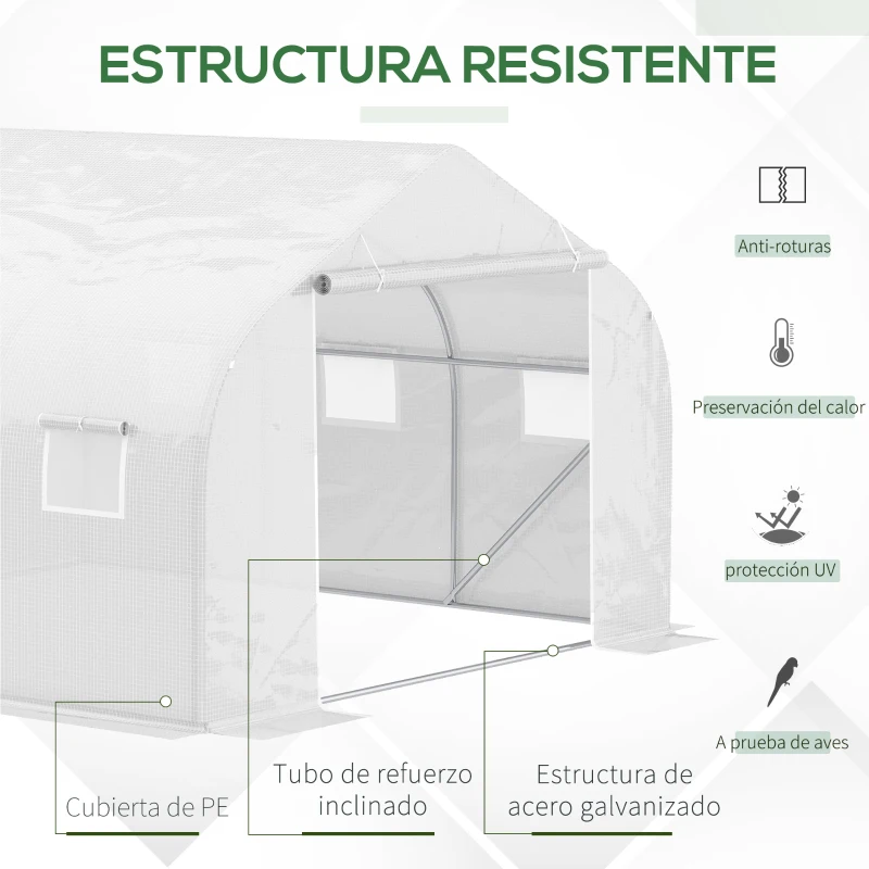 Outsunny Invernadero de Túnel 445x300x205 cm Invernadero de Jardín con 6 Ventanas y Cubierta de Polietileno PE 140 g/m² Blanco