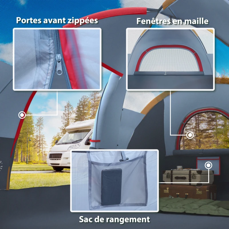 Outsunny Tente de camping familiale 5-6 pers. - tente tunnel étanche légère ventilée facile à monter - grande porte + 3 fenêtres - dim. 4,55L x 2,2l x 1,8H m fibre verre polyester oxford gris