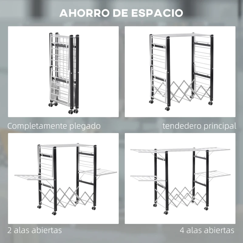 HOMCOM Tendedero de Ropa con Ruedas Plegable Tendedor Vertical de Aluminio con 4 Alas Laterales y Estante 157,5x54x101cm Blanco