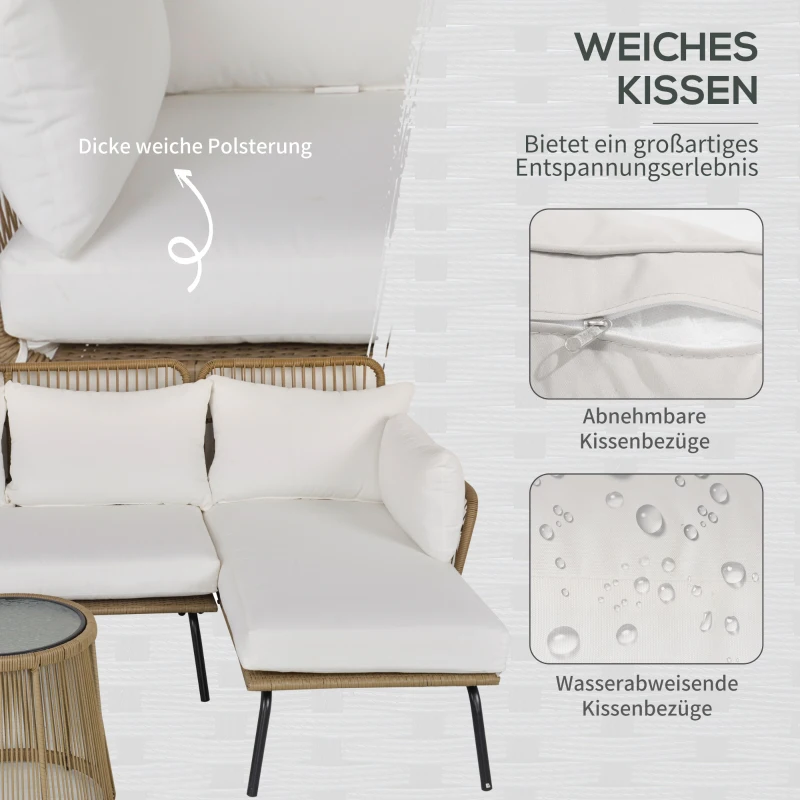Outsunny 3 tlg. Rattan Gartenmöbel-Set, PE-Rattan, 1 Ecksofa, 1 Liege, inkl. Kissen, wetterbeständig, Kaffee +Creme
