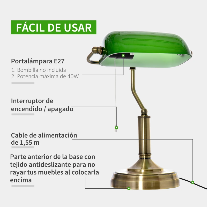 HOMCOM Lámpara de Mesa Tipo Banquero con Interruptor de Cuerda y Pantalla de Cristal Bombilla Requerida E27 de Máx. 40W Metal para Dormitorio Sala de Estar 27,5x17,5x39 cm Verde