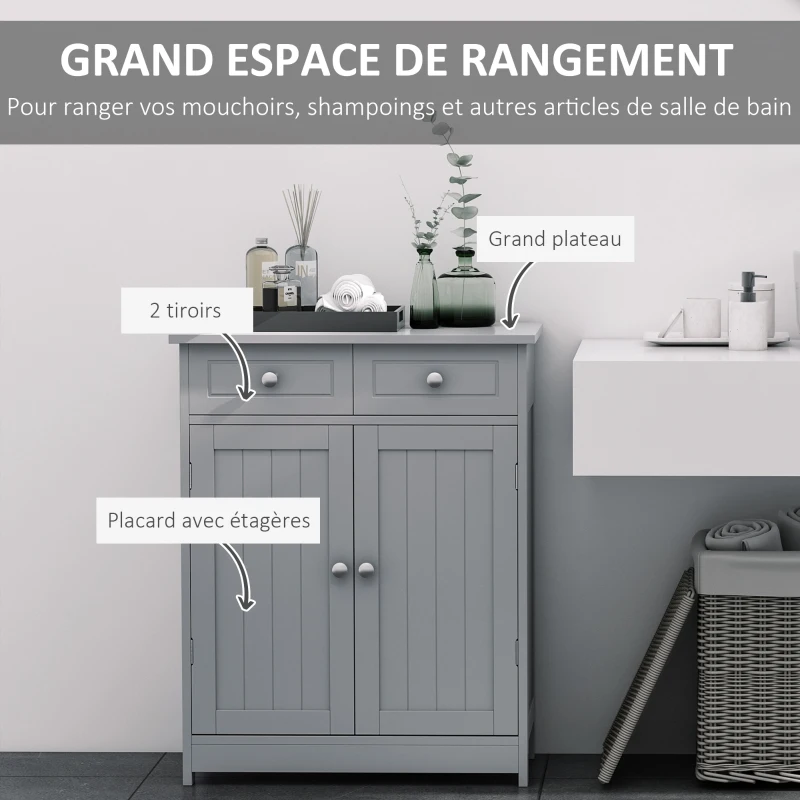 kleankin Meuble de salle de bain sur pied armoire de salle de bain 2 portes 2 tiroirs 60 x 30 x 75 cm gris