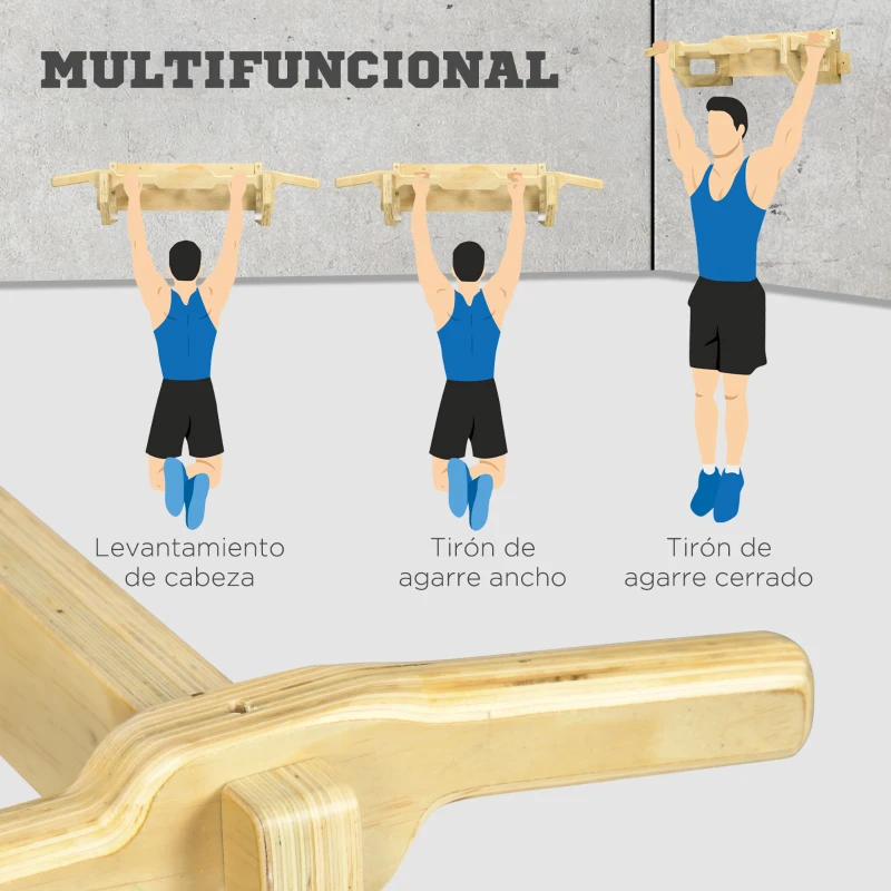 HOMCOM Barra de Dominadas de Pared de Madera Multifuncional para Entrenamiento de Fuerza 100x44x25 cm Madera Natural