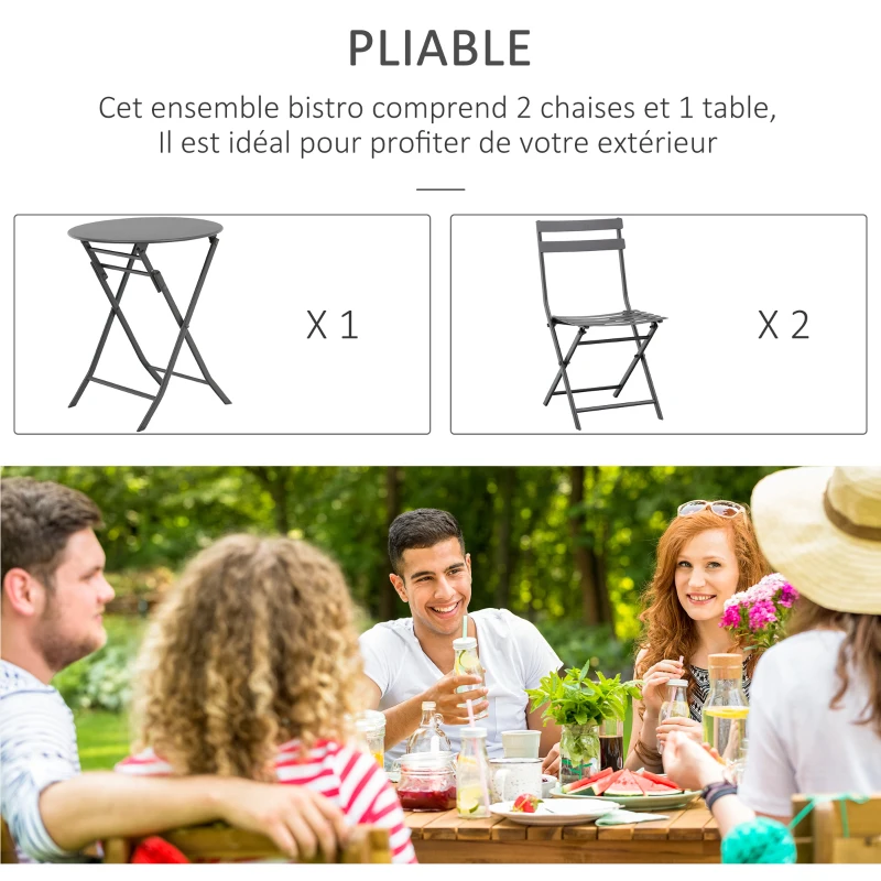 Outsunny Salon de jardin bistro pliable - table ronde Ø 60 cm avec 2 chaises pliantes - métal thermolaqué gris