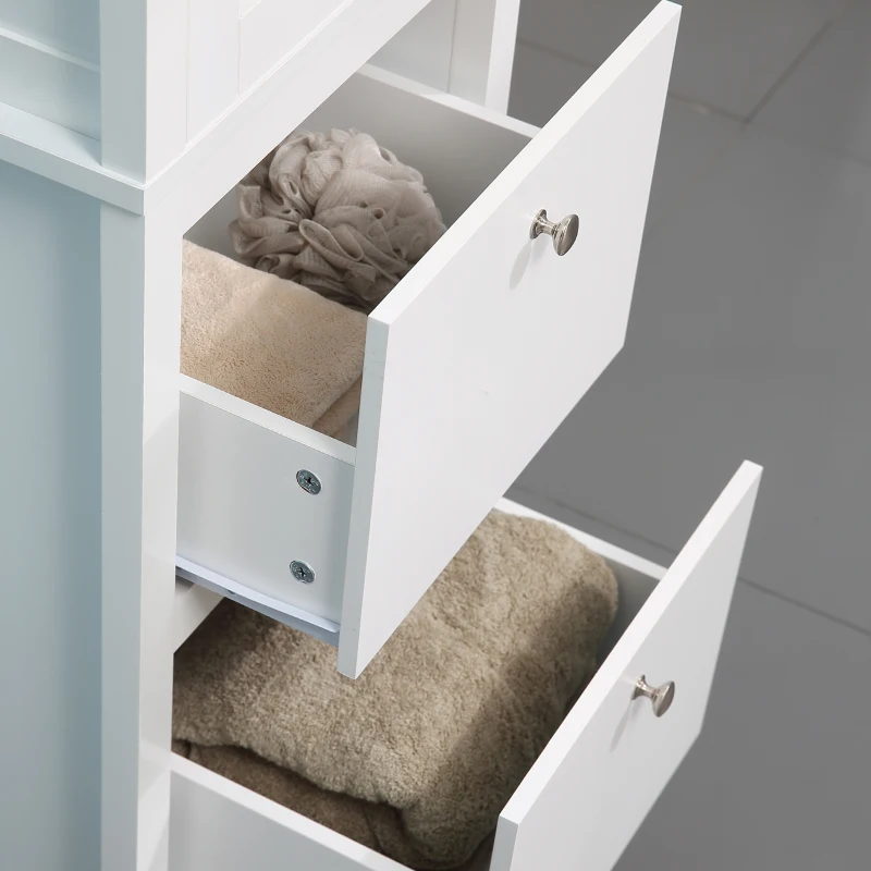 kleankin Armario Alto para Baño Mueble Columna de Baño con Puerta de Cristal Estantes Ajustables y 2 Cajones 43x35x160 cm Blanco