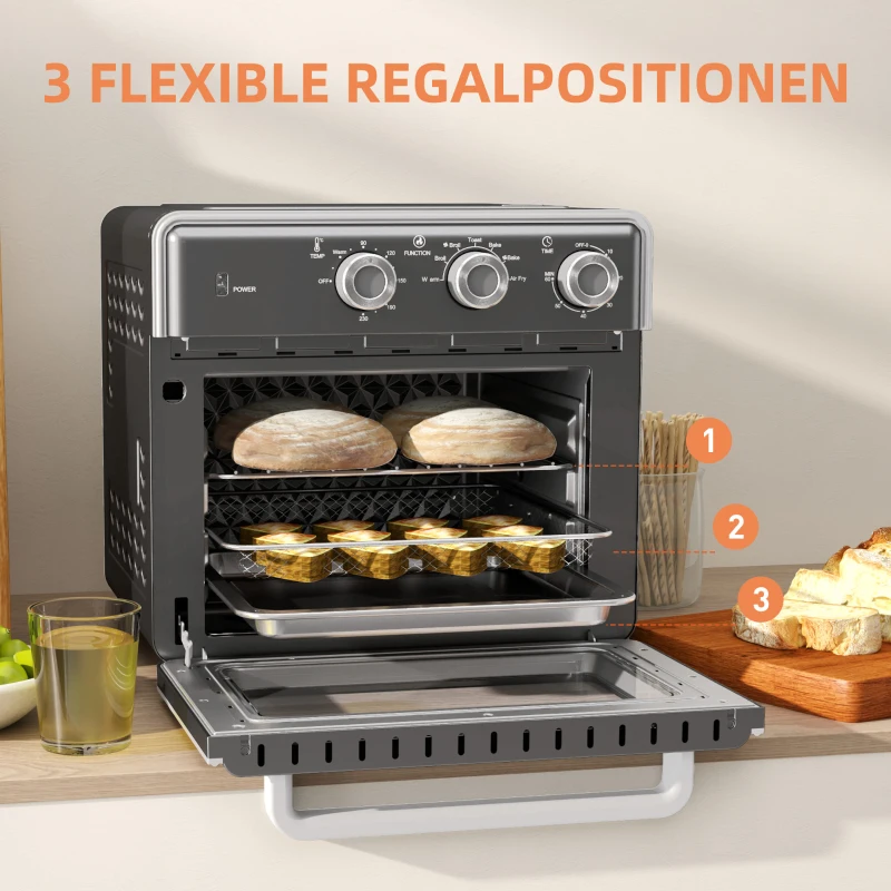 HOMCOM Minibackofen, 20L, 5 Funktionen, 360° Heißluft, Grillrost, Krümelblech, Grau(m-5)