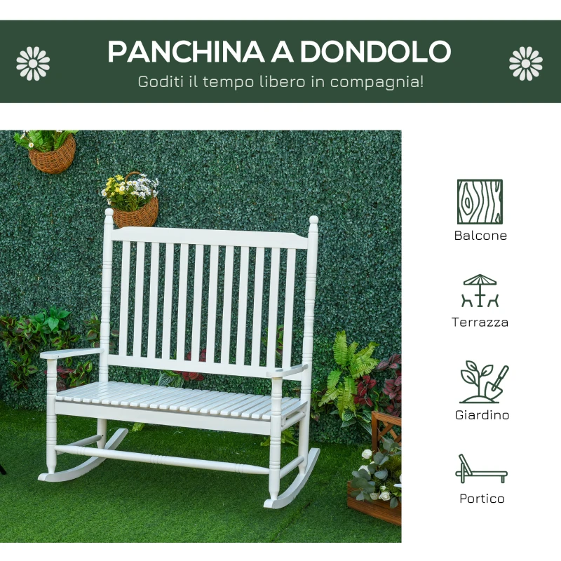Outsunny Sedia a Dondolo 2 Posti in Legno con Schienale Alto e Braccioli, 117x85x120 cm, Bianco