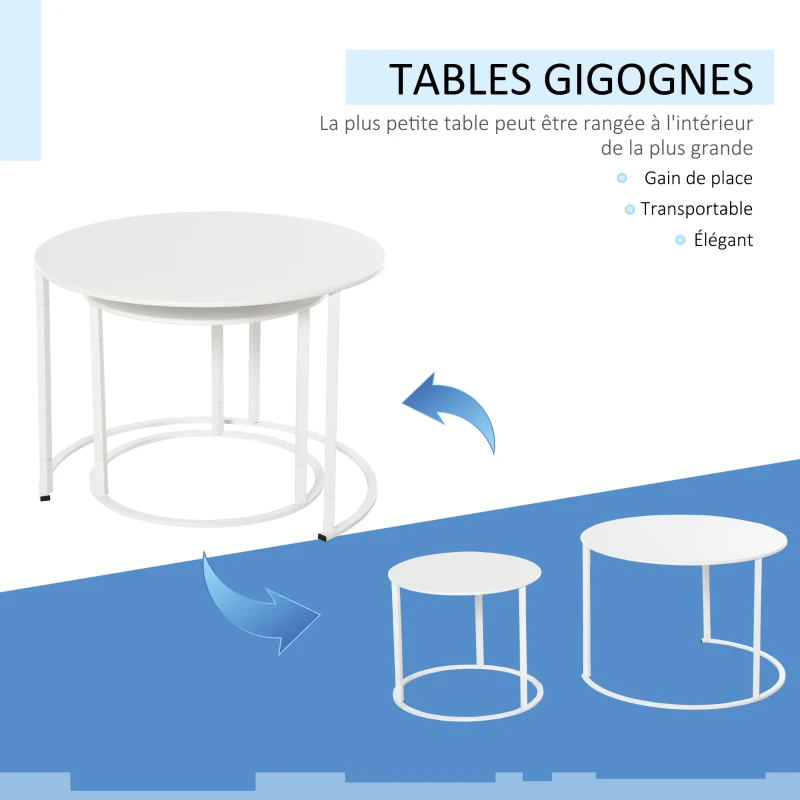 Outsunny Lot de 2 Tables Basses Rondes gigognes empilables de Jardin métal époxy Blanc