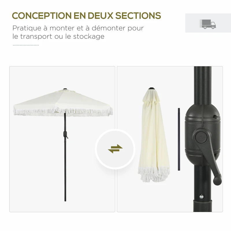 Outsunny Parasol de jardin inclinable parasol avec manivelle à franges style bohème 6 baleines Ø 225 x 223H cm crème et mât noir