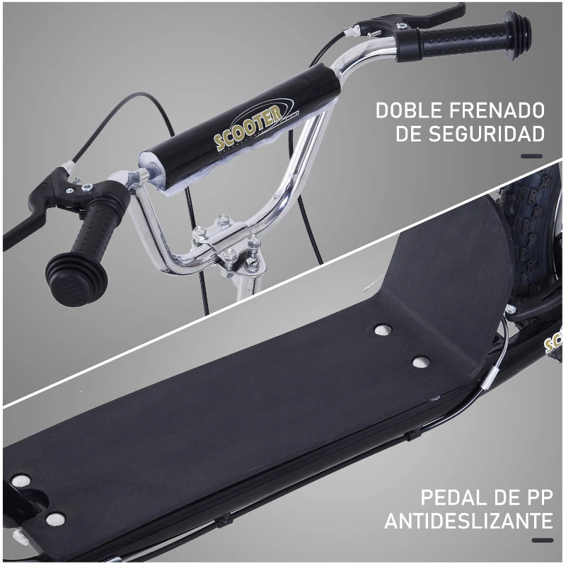 HOMCOM Patinete 135x58x92-100 cm 2 Ruedas 16/12 pulgadas con 2 Frenos Scooter + Caballete Negro