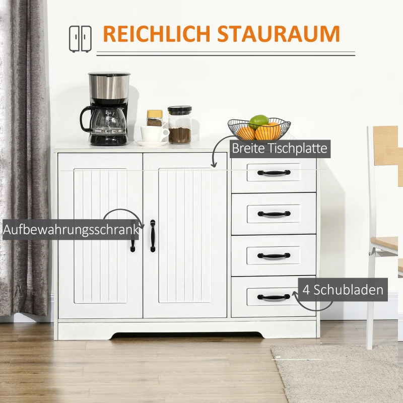 HOMCOM Sideboard Kommode Anrichte, Modernstil, 4 Schubladen, 1 Schrank, 105 cm x 40 cm x 76 cm, Weiß(m-4)