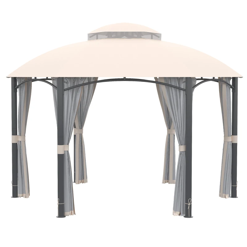 Outsunny Cenador de Jardín Hexagonal Pabellón Exterior con Doble Techo y 6 Mosquiteras con Cremallera Ø4x2,94 m Caqui