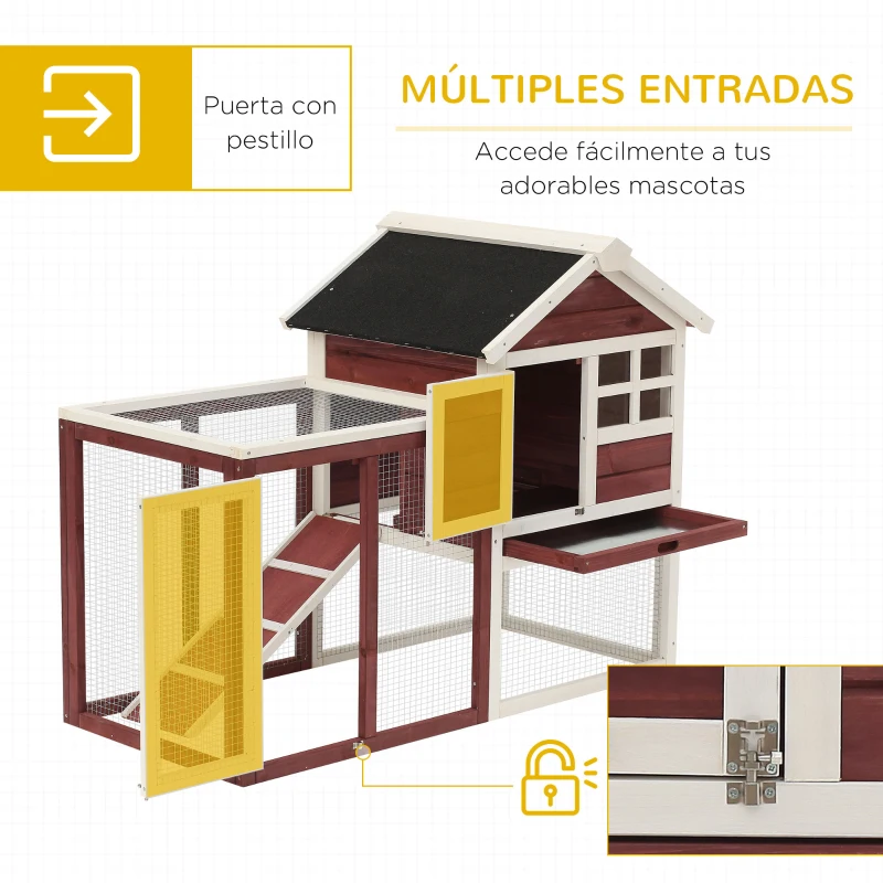 PawHut Conejera de Madera de 2 Niveles Jaula para Conejos con Zona Abierta Techo Asfáltico Bandeja Extraíble y Rampa Conejera para Exterior 122x62,6x92 cm Marrón