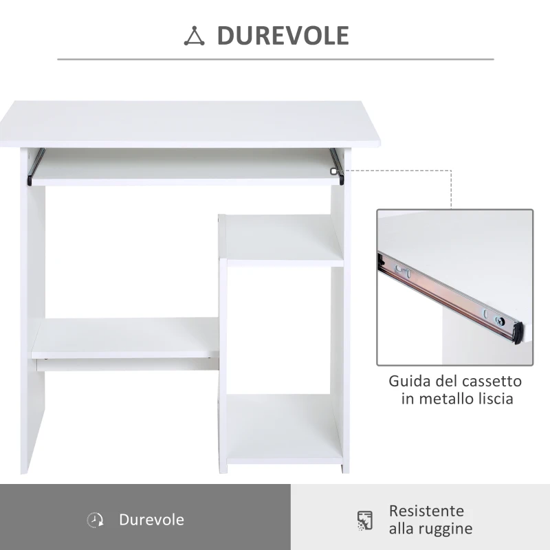 HOMCOM Scrivania Salvaspazio da Casa e Ufficio, Moderna Scrivania per Computer, Porta PC, Ripiano per CPU e Mensola per Tastiera Estraibile in Legno, 80x45x75cm, Bianco