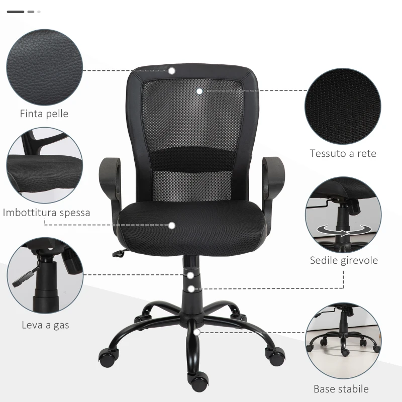 HOMCOM Sedia da Ufficio con Altezza Regolabile e Tessuto a Rete, Seduta Girevole e Inclinazione, Nero