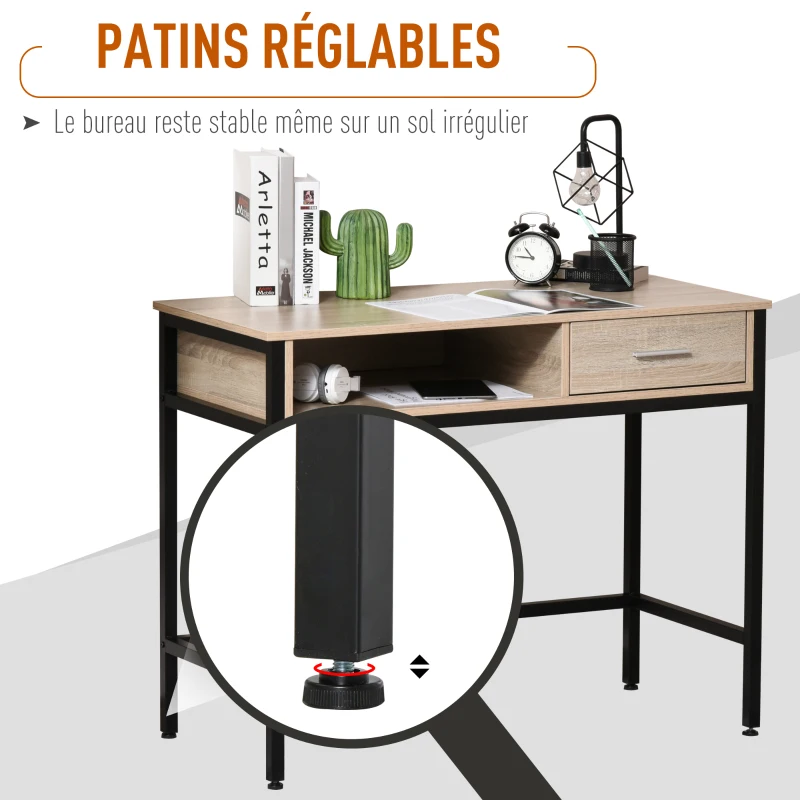 HOMCOM Bureau avec rangement table bureau Industriel bureau ordinateur avec tiroir châssis métal Noir Plateau bois chêne Clair