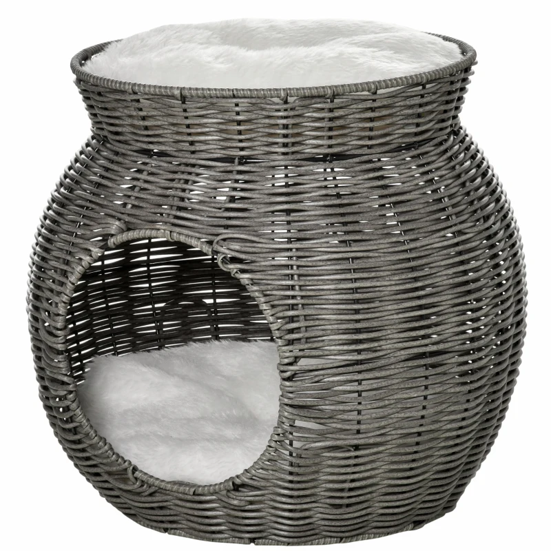 Pawhut Rattan Katzenkorb zweistöckiges Katzenbett Katzenhöhle Katzenturm mit 2 Kissen Liegedach Dunkelgrau Ø50 x 43,5 cm