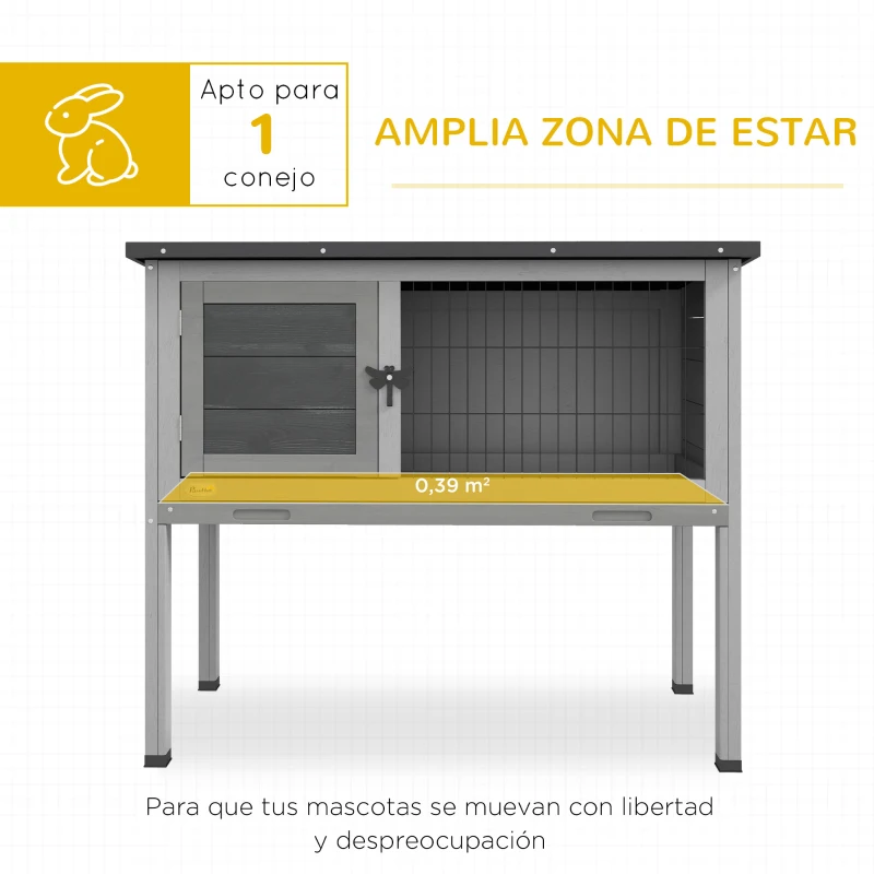 PawHut Conejera de Madera para Mascotas Pequeñas con Bandeja Extraíble y Techo Asfáltico 84x43x70 cm Gris y Negro