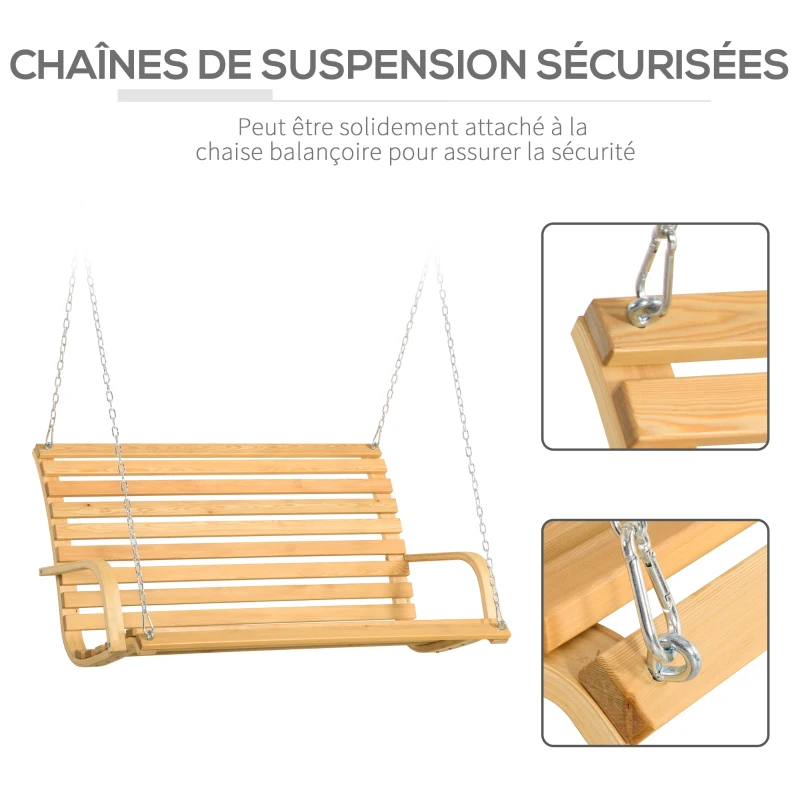 Outsunny Banc Suspendu 2 places balancelle de jardin en bois assise et dossier à lattes chaînes incluses naturel