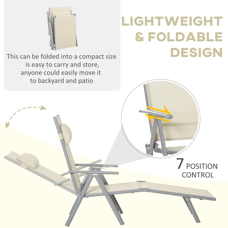 Outsunny Steel Fabric Sun Lounger Outdoor Folding Chaise Lounge Chair Recliner with Portable Design & 7 Adjustable Backrest Positions - Beige