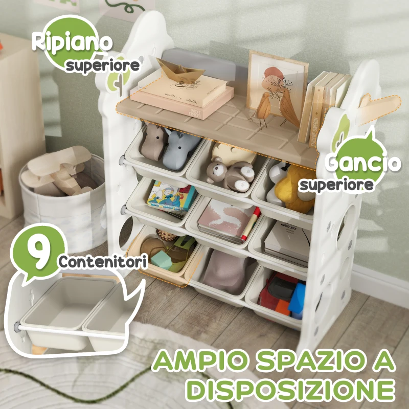 AIYAPLAY Scaffale Portagiochi a 4 Livelli con 9 Contenitori e Gancio Laterale, in HDPE, 77x42x94 cm, Bianco Crema