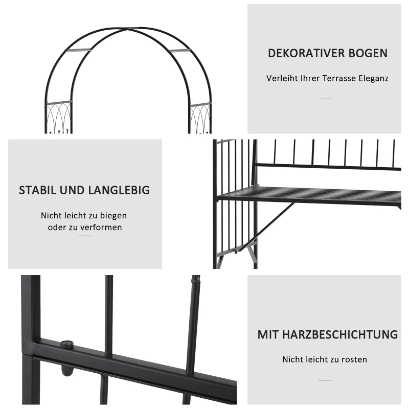 Outsunny Rosenbogen mit Bank Rosenbank Laubenbank Philosophenbank Rankgitter Rankhilfe Gartenbank Metall Schwarz 115 x 59 x 203 cm