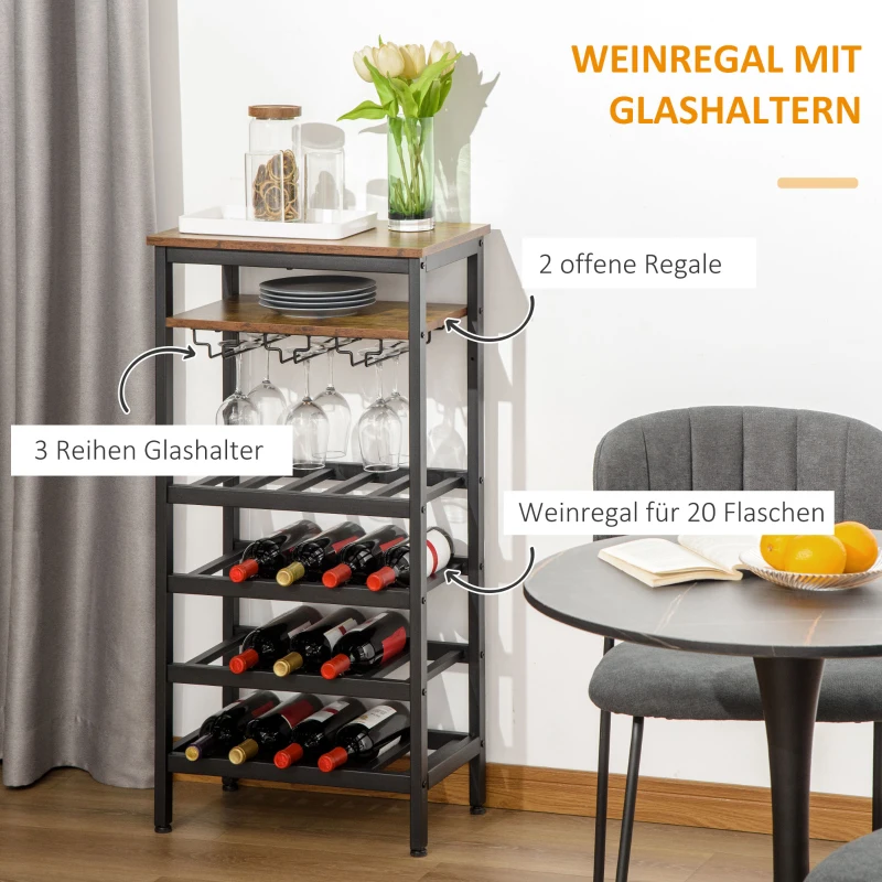 HOMCOM Weinregal Weinhalter Standregal für 20 Flaschen Flaschenregal Dekoregal für Bar Esszimmer Metall Schwarz 50 x 32 x 100 cm