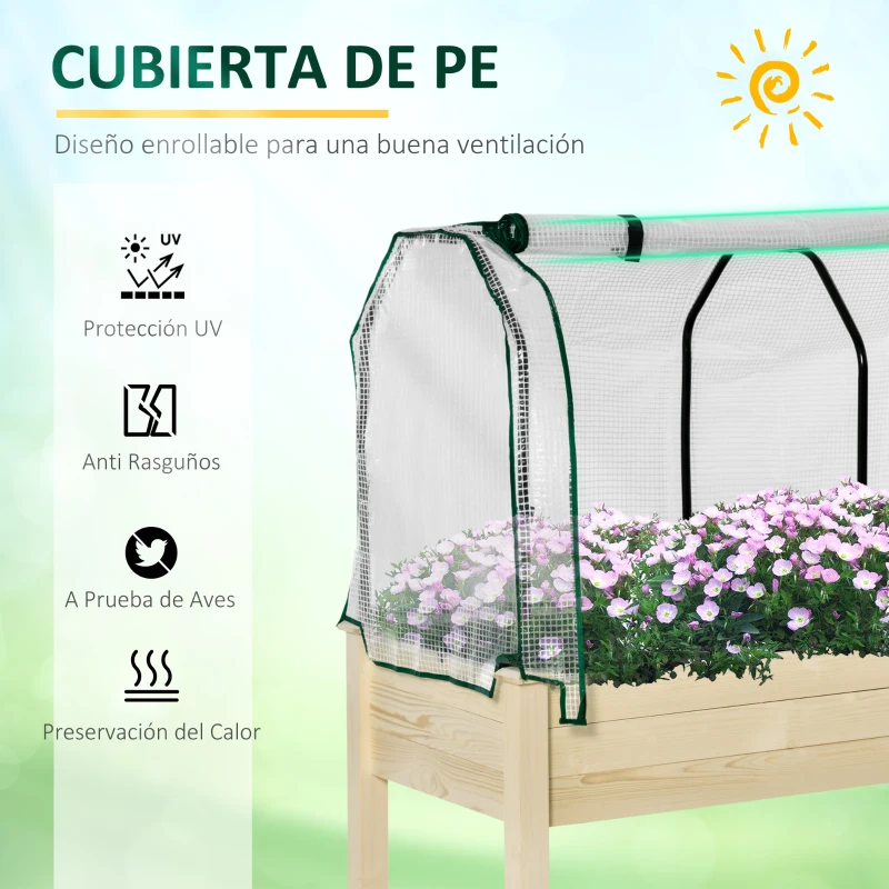 Outsunny Huerto Urbano Elevado de Madera 121x55x117 cm con Cubierta de Protección Mesa de Jardinera para Cultivo Flores Vegetales en Jardín Terraza Color Natural