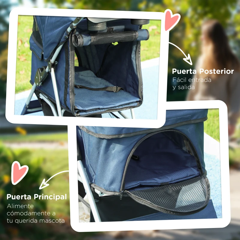 PawHut Carrito para Perros con Toldo Ajustable Cesta de Almacenaje y Ruedas con Freno Tela Oxford 75x46x94 cm Azul Oscuro