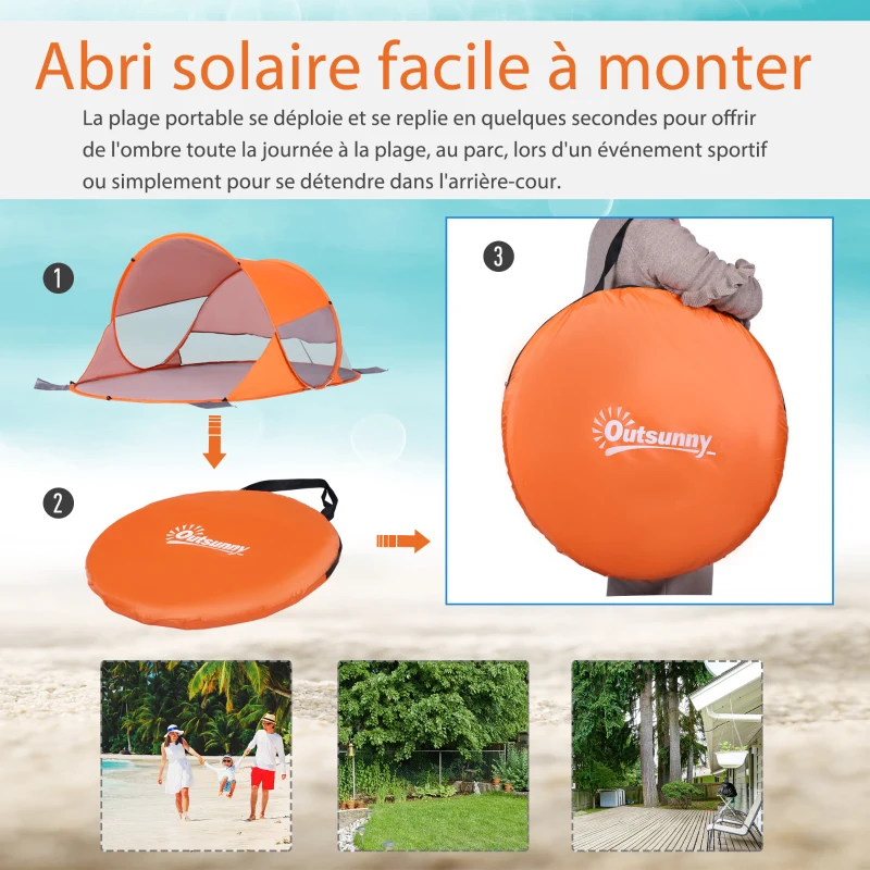 Outsunny Abri de plage tente de plage pliable pop-up automatique instantané protection UV fenêtre arrière orange