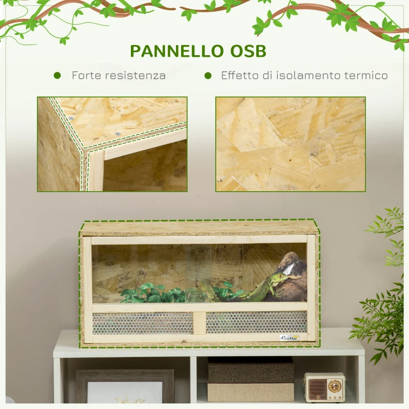 PawHut Terrario per Rettili in Legno con Porte in Vetro Scorrevoli e Pannelli in Rete, 60x29.5x29.5cm