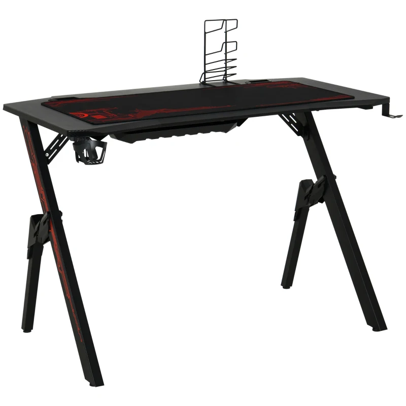 HOMCOM Gaming Tisch Schreibtisch Computertisch Arbeitstisch Möbel für Büro Wohnzimmer Arbeitszimmer, modernes Design, MDF Metall 110 x 59 x 75 cm Schwarz