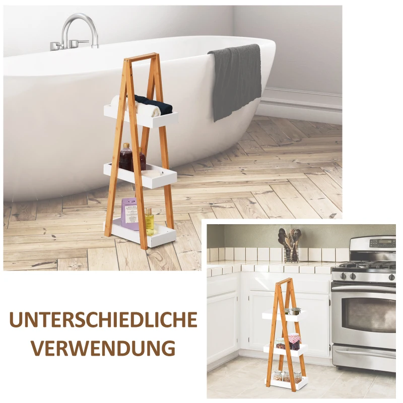 kleankin Badregal 3 Ebenen Treppenregal Leiterregal Badezimmer MDF Bambus Grau 30 x 18 x 81 cm