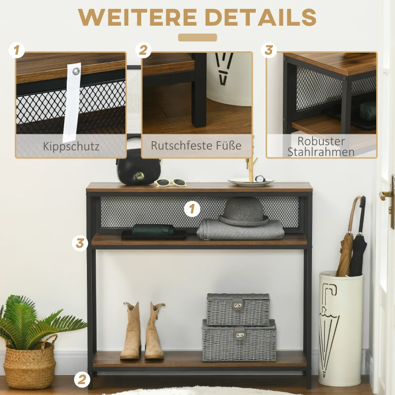 HOMCOM Sideboard Konsolentisch Flurregal, Industriedesign, 100 cm x 29,5 cm x 90 cm, Braun + Schwarz