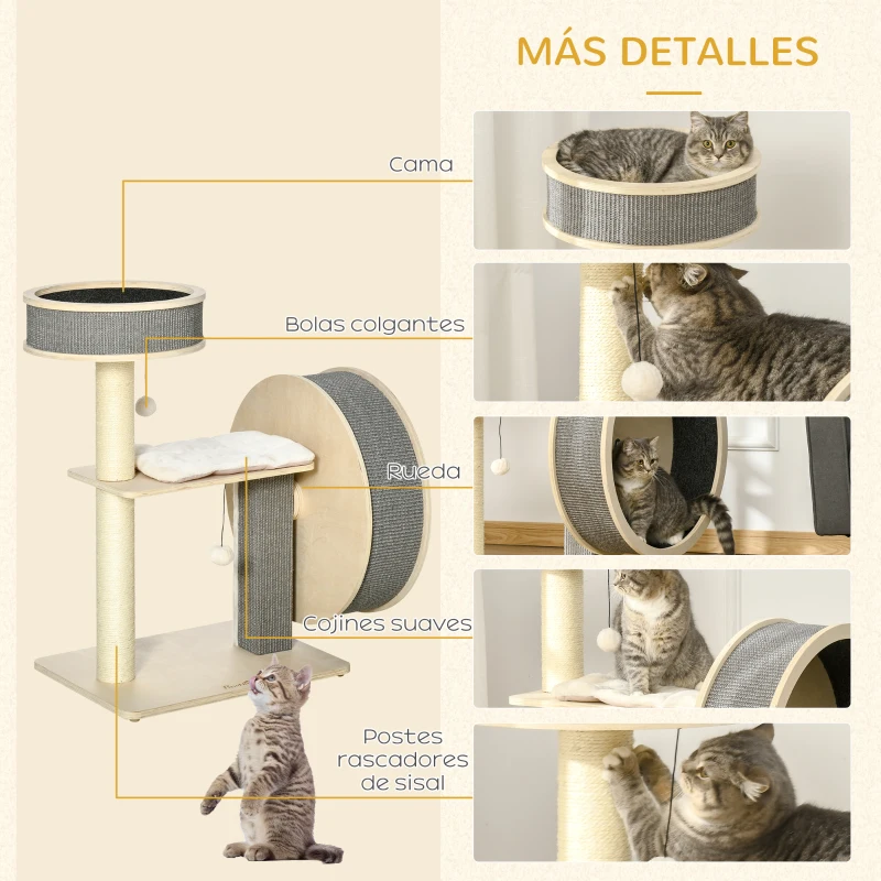 PawHut Árbol Rascador para Gatos Mediano Altura 91 cm Torre Escalador Gatos con Rueda para Ejercitar Cama Plataforma Cojines Poste de Sisal y Bolas de Juguete Gris y Crema