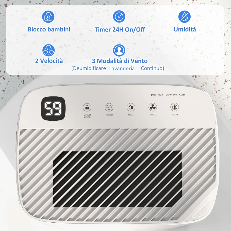 HOMCOM Deumidificatore Portatile 20L/Giorno, Serbatoio 2.5L, 2 Velocità e 3 Funzioni e Timer 24 Ore, Bianco