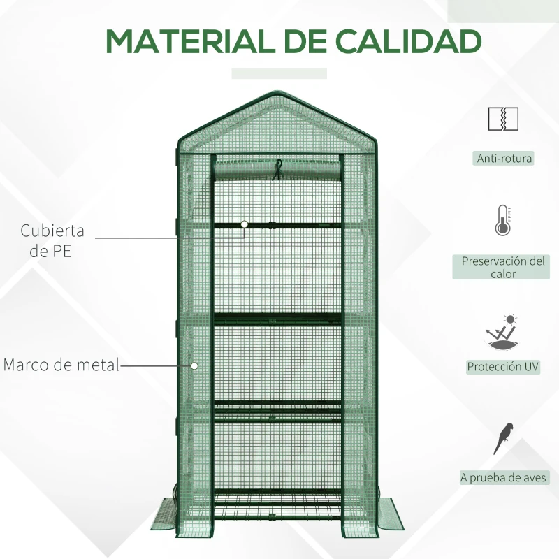 Outsunny Invernadero de Jardín Invernadero de Terraza con 4 Estantes de Alambre y Puerta Enrollable Invernadero para Macetas Plantas Flores Exterior 69x49x158 cm Verde